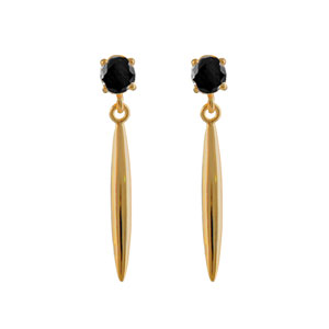 Boucles D'oreilles Plaqué Or Avec Saphirs Blancs Et Pierre Noire - Style Art Déco - Occasion